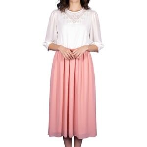 VTG MICHAEL BLAIR Chiffon WHITE & PINK Shirt Blouson Dress LACE COLLAR 9-10/M